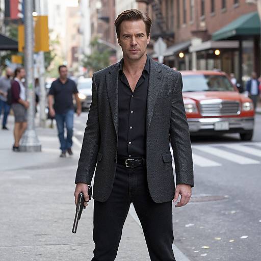 Photograph of a serious, handsome man with short brown hair, wearing a black dress shirt and gray checkered blazer, holding a gun, standing