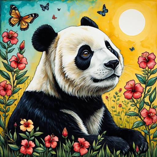 Calm Panda with Butterflies in Flower Garden