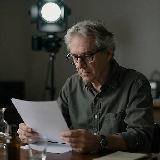 Older Man Reading Document at Desk