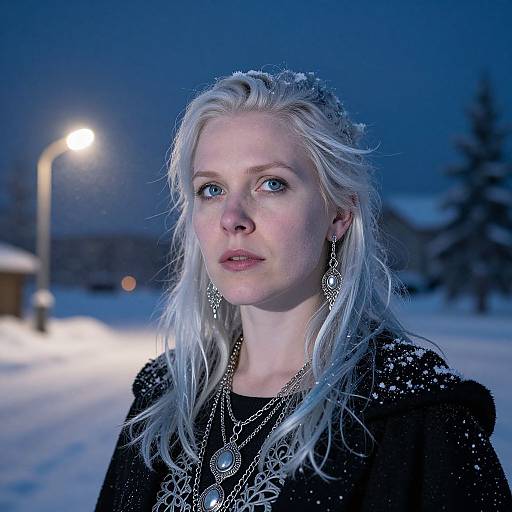 Photograph of a fair-skinned, blue-eyed blonde woman with snow in her hair, wearing a black jacket, silver jewelry, and long earrings,