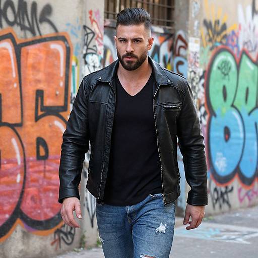 Photograph of a bearded, muscular man with dark hair in a black leather jacket, black shirt, and ripped jeans, walking through a graffiti-covered