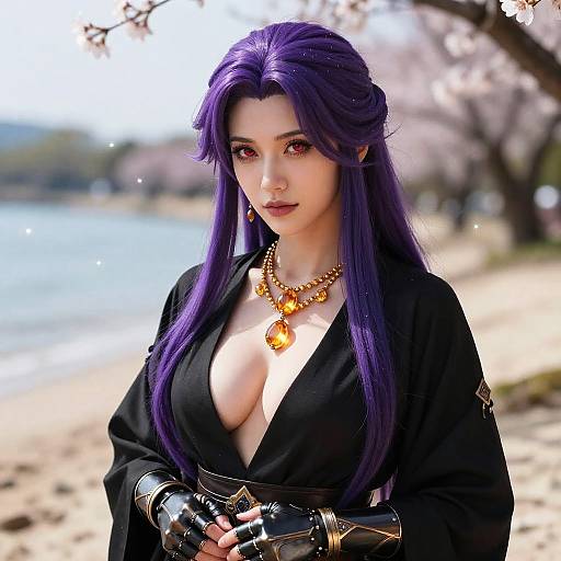 Woman in Black Robe with Purple Hair and Citrine Jewelry at Beach