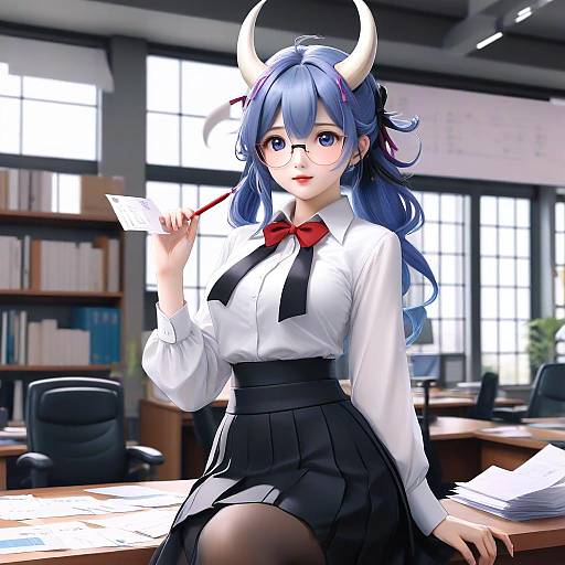 Anime-style digital illustration of a blue-haired girl with white horns, wearing a white shirt, black skirt, and red bow, holding a pen, sitting