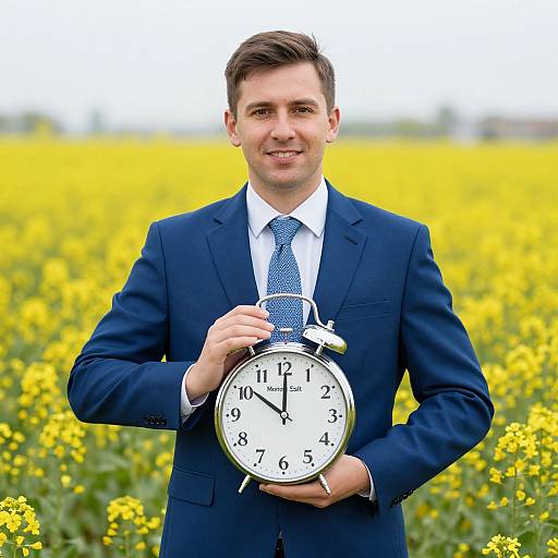 Man in Blue Suit with Clock