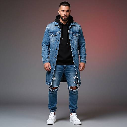Photograph of a bearded man with short dark hair, wearing a blue denim long coat, black hoodie, ripped jeans, and white sneakers, standing