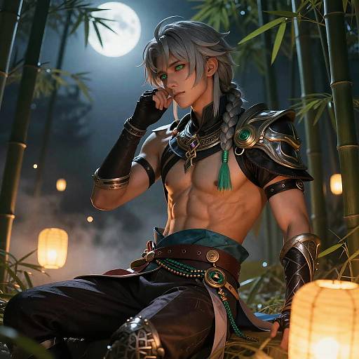 Muscular Male Fantasy Warrior in Moonlit Bamboo Grove