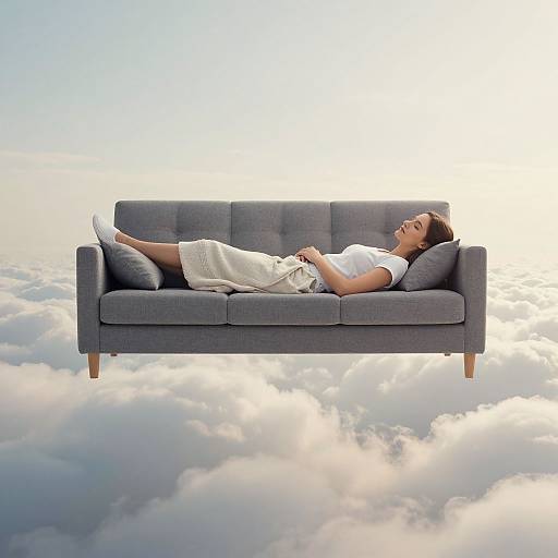 Photograph of a woman in white shirt and beige skirt, lying on a floating gray sofa above a sea of fluffy clouds.
