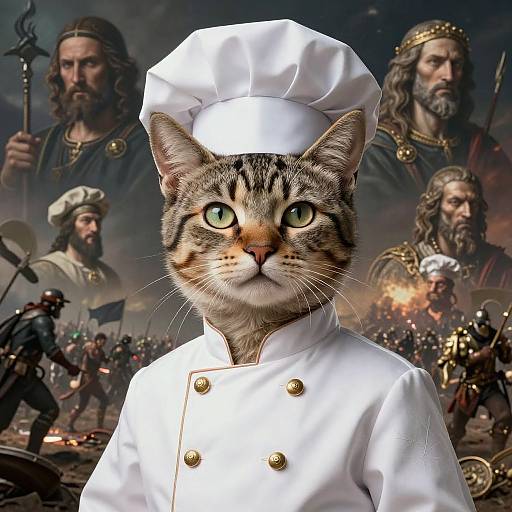 Photorealistic digital artwork of a tabby cat in a white chef's uniform with a hat, surrounded by bearded, armored soldiers and historical figures