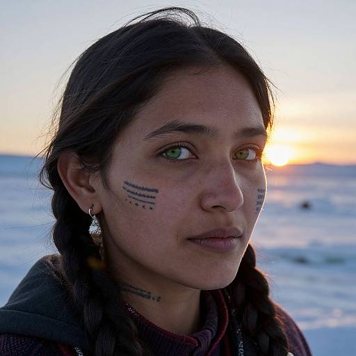 Photograph of a young Indigenous woman with green and brown eyes, dark braided hair, black facial markings, wearing a dark jacket, standing at a