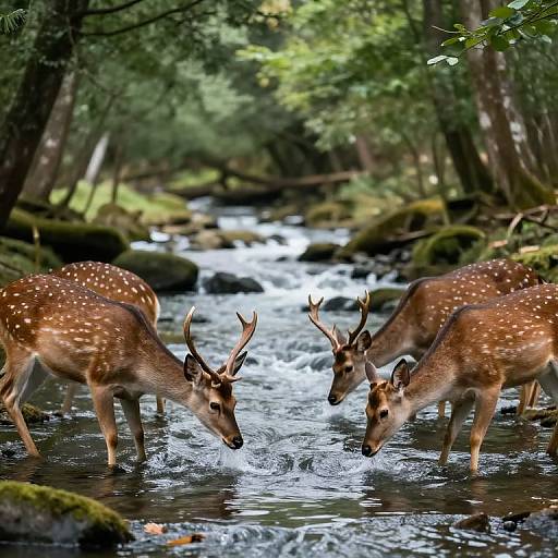 Photograph of two deer with small antlers drinking from a shallow, flowing stream in a lush, green forest.