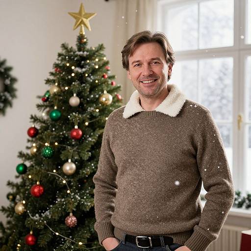 Photograph of a smiling middle-aged man with brown hair, wearing a brown sweater with a white collar, standing in front of a decorated Christmas tree with