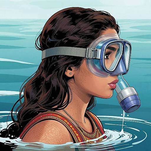 Digital illustration of a woman with dark hair, wearing a snorkel mask and red tank top, submerged in blue water.
