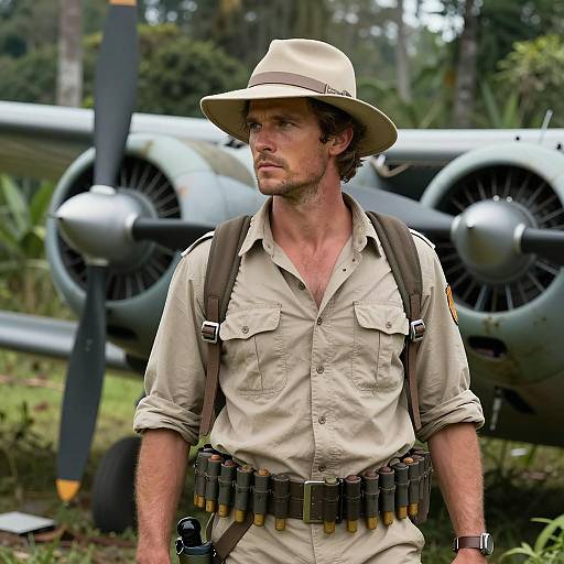 Adventurer in Jungle by Crashed Plane