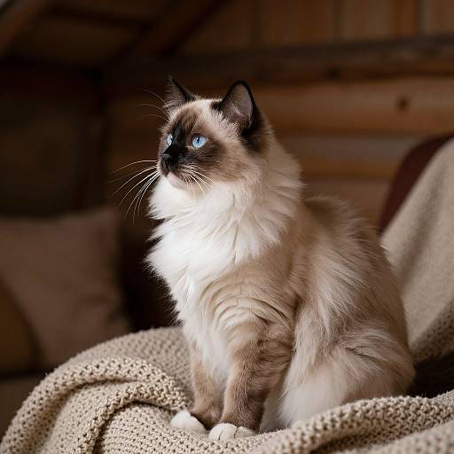 Photograph of a blue-eyed, fluffy Siamese cat with dark ears and face, sitting on a knitted beige blanket in a wooden, dim