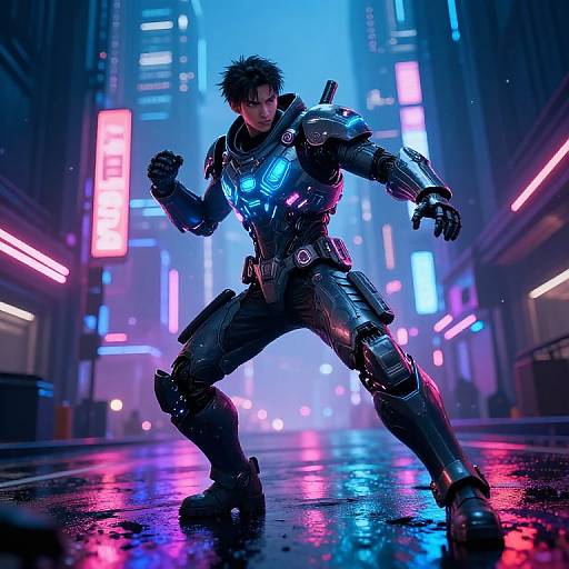 Cyberpunk CGI of a muscular man in black, glowing, futuristic armor standing in a neon-lit, rainy city street. Blue and pink lights