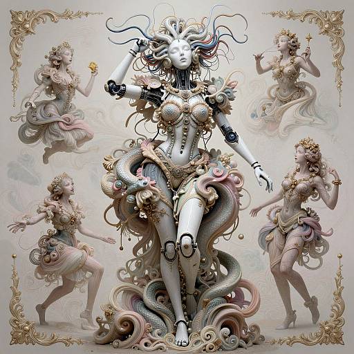 Digital artwork of a surreal, robotic goddess with serpentine lower body, intricate gold jewelry, and flowing, ethereal hair, surrounded by four classical