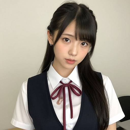 Photograph of an Asian woman with long black hair, wearing a white shirt with a maroon ribbon, black vest, and neutral expression, against a