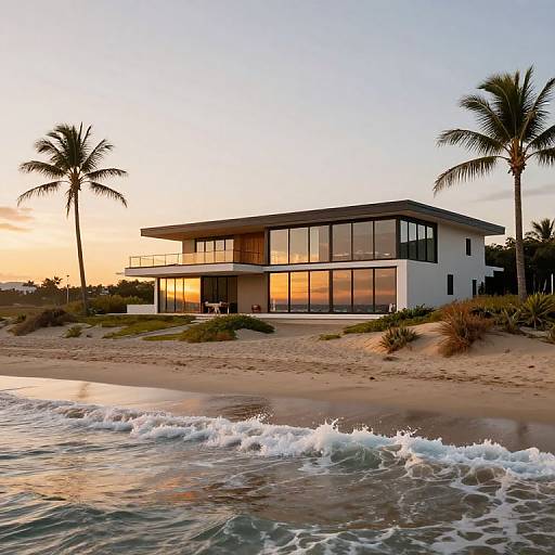 Modern beach house with large glass windows, flat roof, and white walls at sunset, surrounded by palm trees and sandy shore with gentle waves. Photograph.
