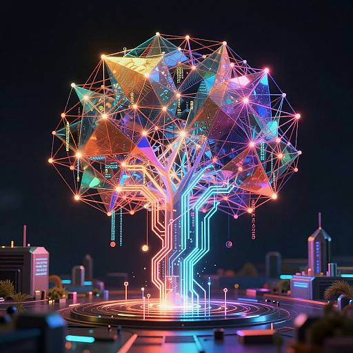 Neon-lit digital tree with glowing, multicolored geometric shapes against a dark city skyline, featuring vibrant, futuristic light patterns and circuit-like branches