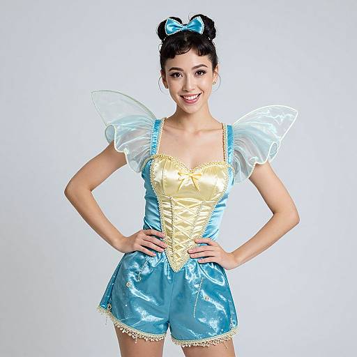Photograph of a smiling young woman with dark hair in a blue bow, wearing a blue and yellow Cinderella-inspired costume with white puffed sleeves and
