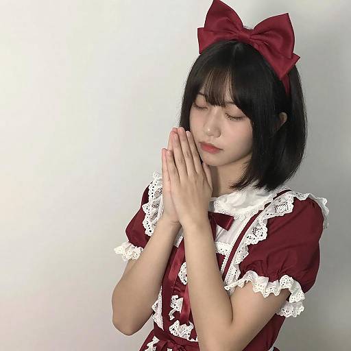 Shy Asian Woman in Red Dress