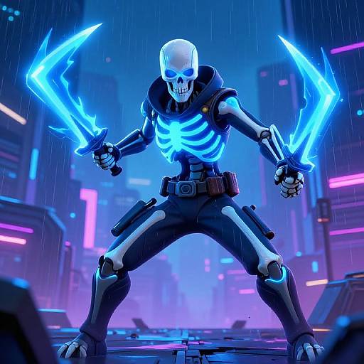 CGI image of a skeletal warrior with glowing blue energy blades, neon cityscape background, rain, and futuristic armor.