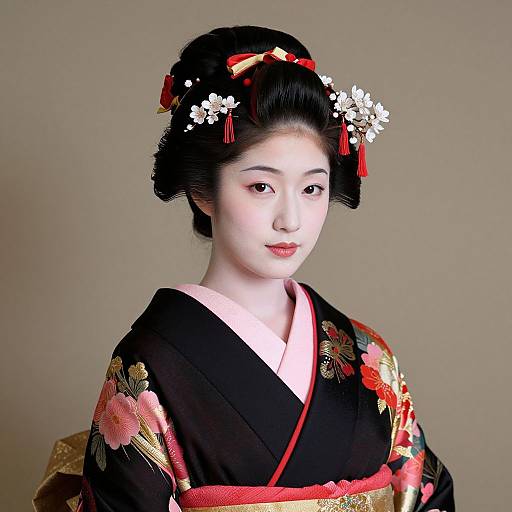 Photograph of a young Asian woman in a traditional black kimono with red floral patterns, adorned with white flowers and red hairpins, against a plain