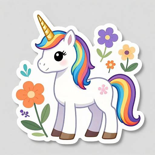 Cute digital illustration of a white unicorn with a rainbow mane and tail, yellow horn, black eyes, and pink butterfly cutie mark, surrounded by