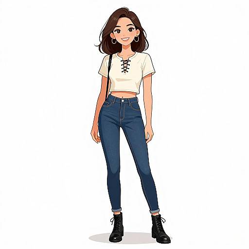 Digital illustration of a smiling young woman with brown hair, wearing a white lace-up crop top, high-waisted blue jeans, and black ankle boots