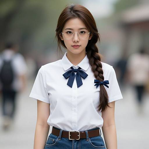 Photograph of an Asian woman with long braided brown hair, wearing glasses, white shirt with black ribbon, and blue jeans, standing in a blurry