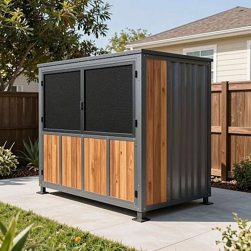 Photograph of a wood and metal chicken coop with black mesh windows, standing on a concrete driveway in a backyard.