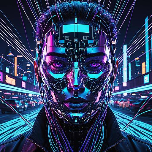 High-Tech Holographic Face in Cyberpunk City