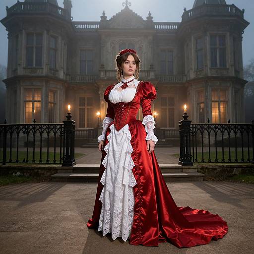 Photograph of a woman in a Victorian-style red satin gown with white lace, standing in front of a gothic mansion at dusk, lit by candles