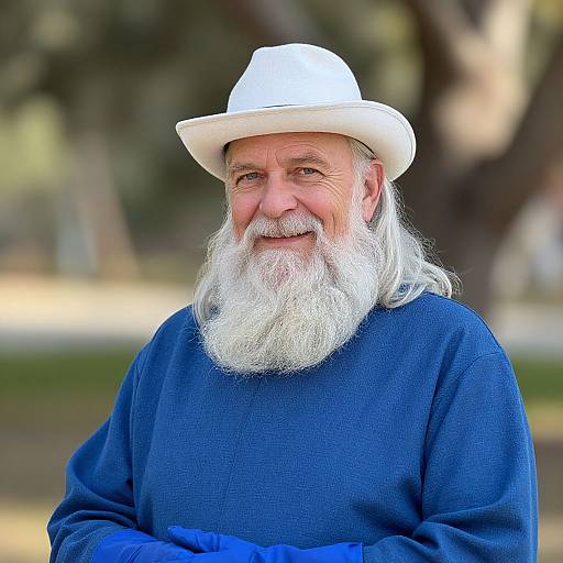 Photograph of an elderly white man with a long white beard, wearing a white hat and blue sweater, smiling outdoors.
