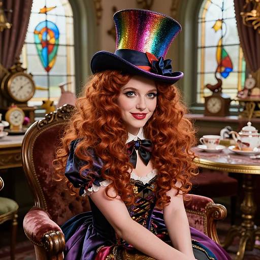 Vintage steampunk woman with long red curls, wearing a colorful top hat and black dress, seated in a Victorian-style room.