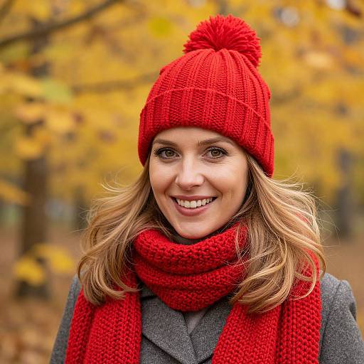 Photograph of a smiling woman with light brown hair, wearing a red knit hat, scarf, and coat, against a blurred autumn background.