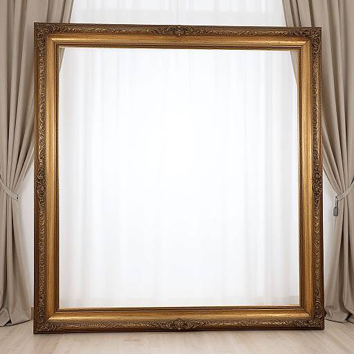Ornate gold-framed empty picture window with white center, set against beige curtains, standing on a light wooden floor. Photograph.