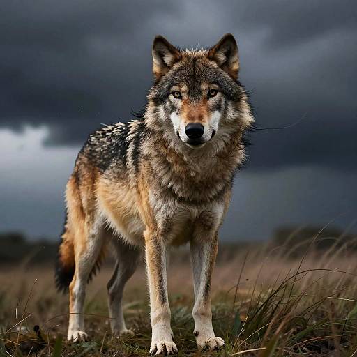 Male Gray Wolf in Stormy Grassland