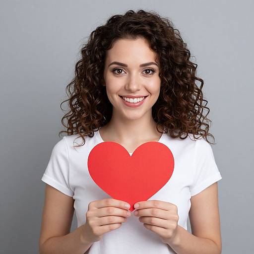 Photograph of a smiling young woman with curly brown hair, wearing a white shirt, holding a red heart against a gray background.