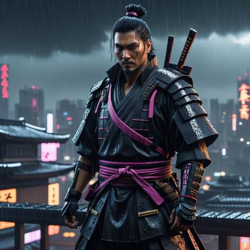 Cyberpunk Samurai on Rainy Rooftop Cyberpunk Samurai on Rainy Rooftop