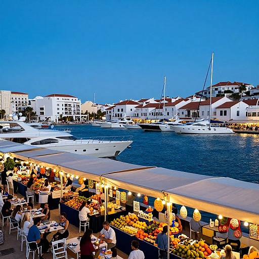 Vibrant evening harbor scene: bustling outdoor market with lit lamps, colorful fruits, diners, white yachts, and coastal buildings under a deep