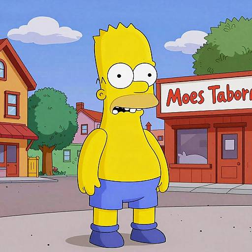 Cartoon of yellow-haired, wide-eyed man in blue shorts and shoes standing in front of 