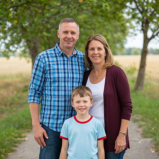 Photograph of a smiling family: middle-aged man in blue plaid shirt, woman in purple cardigan and white top, and young boy in white