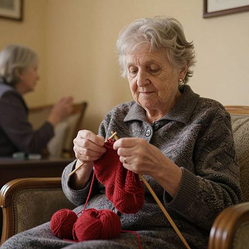 Elderly Woman Knitting Warm Threads