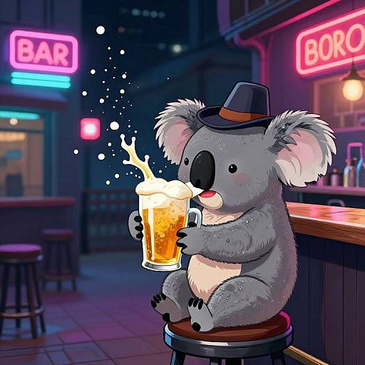 Drunk Koala in Neon Bar Scene