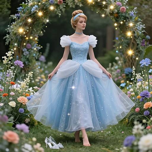 Photograph-like digital art of a blonde princess in a light blue, sparkling ball gown with white puffed sleeves, standing in a magical garden archway
