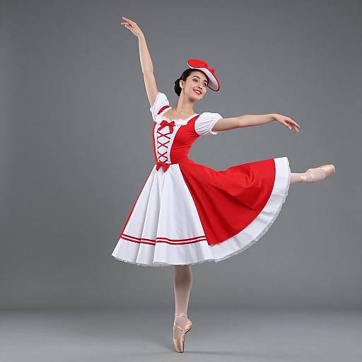 Photograph of a ballerina in a red and white dress with lace-up front, red hat, and ballet shoes, gracefully dancing against a gray