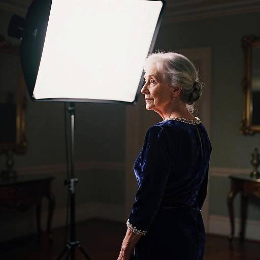 Elderly Woman in Velvet Evening Gown with Softbox Lighting