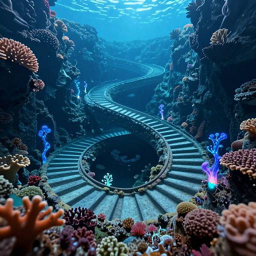 Photograph of an underwater coral reef with a winding, lit stone path, surrounded by vibrant corals and glowing blue sea anemones.