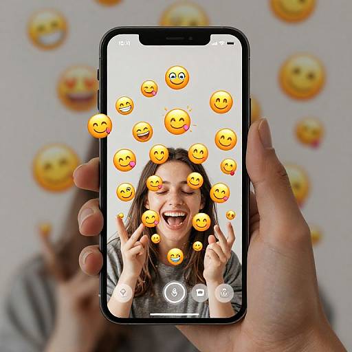 Photograph of a hand holding a smartphone displaying a smiling girl with brown hair, surrounded by smiley faces, against a blurred background of smiley faces